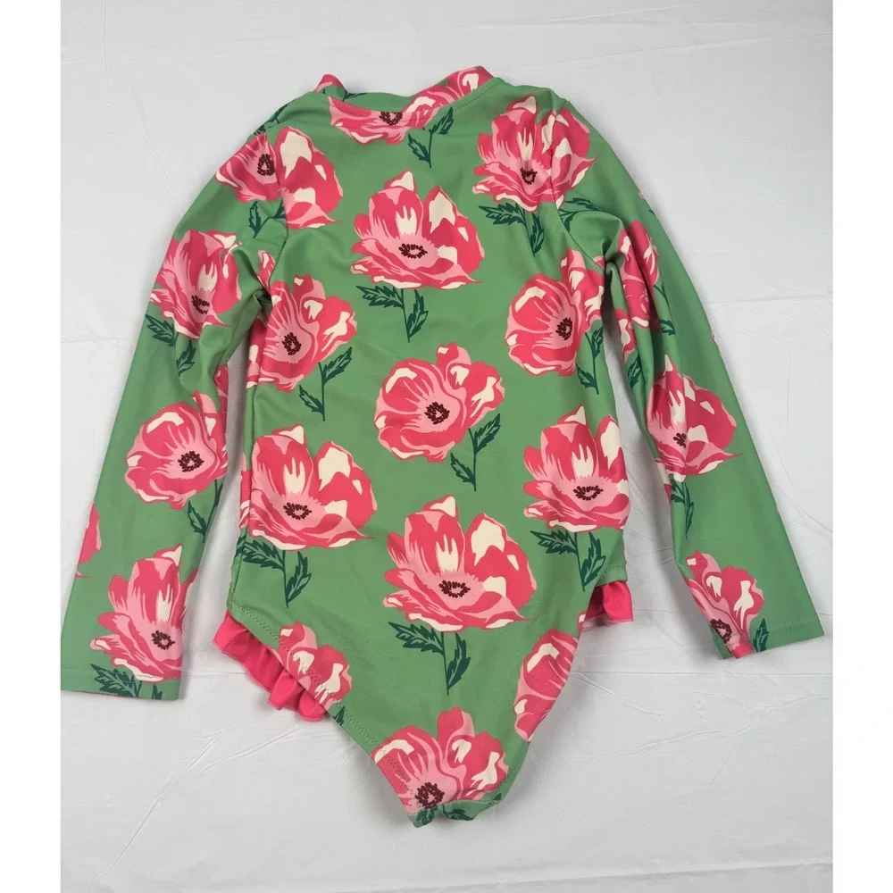 Pink Chicken Girls Green Pink Floral Long Sleeve Rash Guard Swimsuit Size‎ 6Y